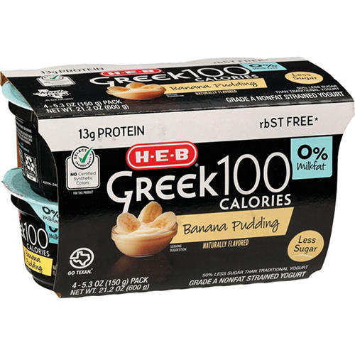 H-E-B 13g Protein Greek 100 Calories Nonfat Yogurt - Banana Pudding, 4 ct