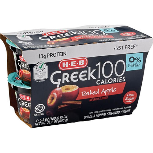H-E-B 13g Protein Greek 100 Calories Nonfat Yogurt - Baked Apple, 4 ct