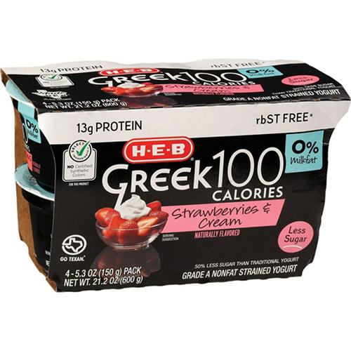 H-E-B 13g Protein Greek 100 Calories Nonfat Yogurt - Strawberries & Cream, 4 ct