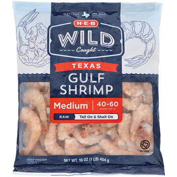 H-E-B Wild Caught Frozen Shell-On Tail-On Medium Texas Gulf Raw Shrimp, 40 - 60 ct/lb