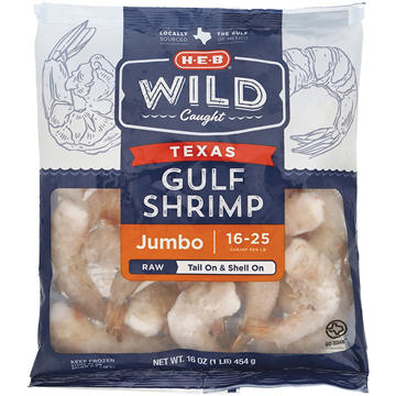 H-E-B Wild Caught Shell-On Tail-On Jumbo Texas Gulf Raw Frozen Shrimp, 16 - 25 ct/lb