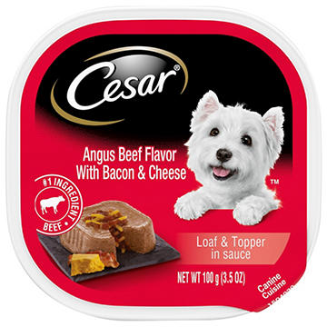 Cesar Soft Wet Dog Food Loaf & Topper in Sauce Easy Peel Trays - Angus Beef Flavor with Bacon & Cheese