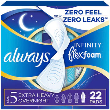 Always Infinity FlexFoam Pads for Women Extra Heavy Overnight Absorbency, with Wings Unscented Size 5
