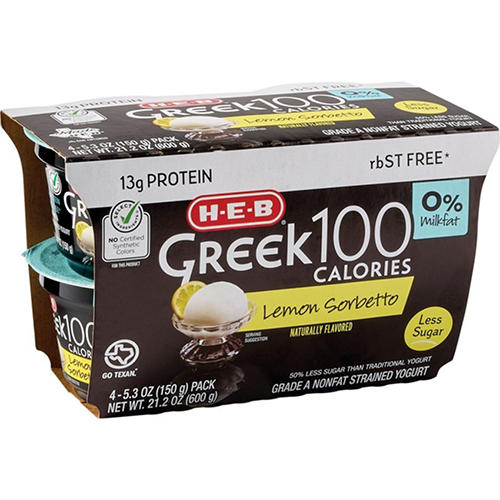 H-E-B 13g Protein Greek 100 Calories Nonfat Yogurt - Lemon Sorbetto, 4 ct