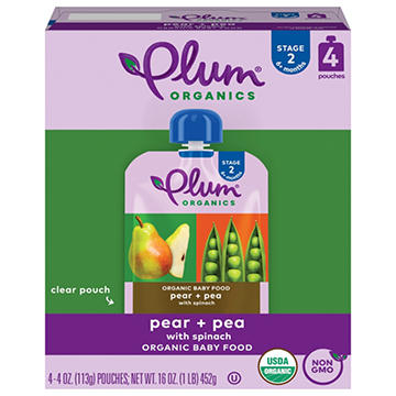 Plum Organics Baby Food Pouches - Pear Spinach & Pea
