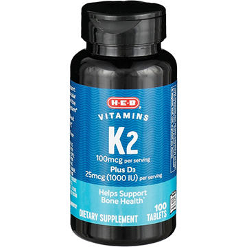 H-E-B Vitamins 100 mcg K2 Plus 25 mcg D3 Tablets