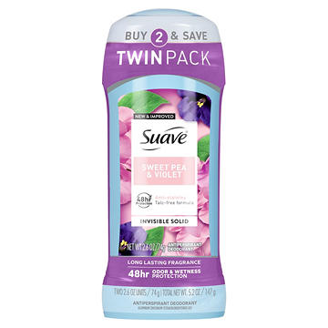 Suave Antiperspirant Deodorant For Women, Invisible 48hr Protection - Sweet Pea & Violet, 2 pk