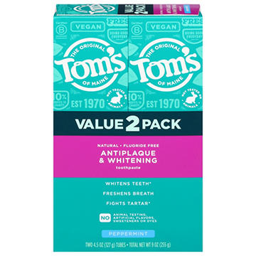 Tom's of Maine Fluoride-Free Antiplaque & Whitening Toothpaste - Peppermint 2 pk
