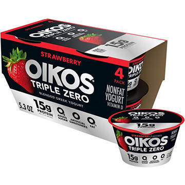 Oikos Triple Zero 15g Protein Sugar Free Non Fat Blended 4 pk Greek Yogurt - Strawberry
