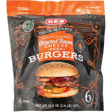 H-E-B Fully Cooked Frozen Uncured Bacon Cheese Beef Burgers