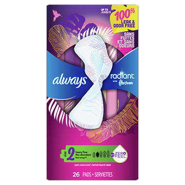 Always Always Radiant Feminine Pads, Size 2 Heavy with Wings, Light Clean Scent