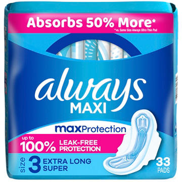 Always Maxi Daytime Pads with Wings, Extra Long Super, Unscented Size 3