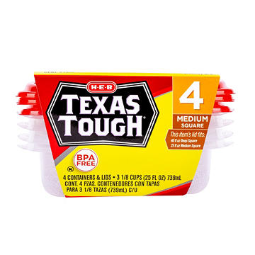 H-E-B Texas Tough Medium Square Food Storage Containers & Lids, 4 pk