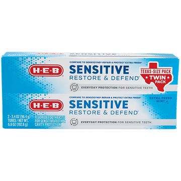HEB Sensitive Fluoride Toothpaste - Fresh Mint, 2 Pk
