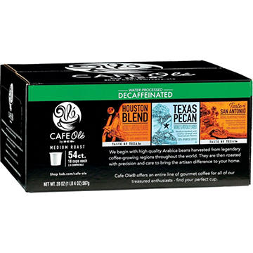 CAFE Olé by H-E-B Decaf Houston Blend, Texas Pecan & Taste of San Antonio Coffee Single Serve Cups - Variety Pack