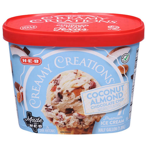 H-E-B Creamy Creations Coconut Almond Chocolate Chip Ice Cream, 1/2 gal