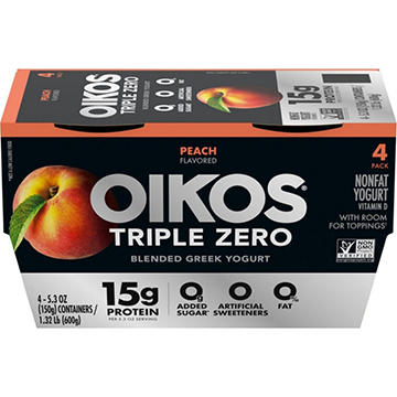 Oikos Triple Zero 15g Protein Sugar Free Nonfat Blended 4 pk Greek Yogurt - Peach 