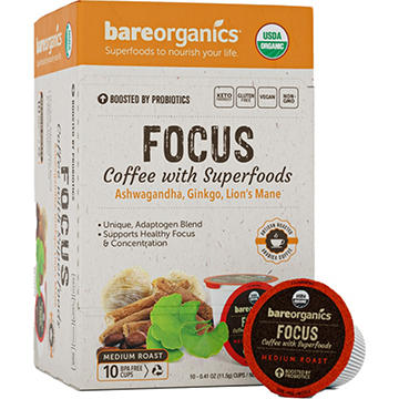 Bare Organics Medium Roast Focus Organic Coffee with Superfoods Single Serve Cups