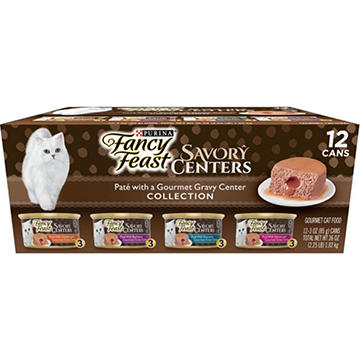 Fancy Feast Purina Savory Centers Wet Cat Food Pate Variety Pack - Chicken, Salmon, Beef, and Tuna Pate with Gravy Center