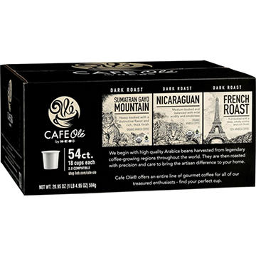 CAFE Olé by H-E-B Sumatran Gayo Mountain, Nicaraguan & French Roast Coffee Single Serve Cups Variety Pack