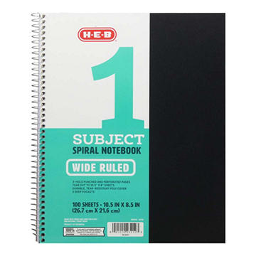 H-E-B 1 Subject Wide Ruled Poly Spiral Notebook - Black