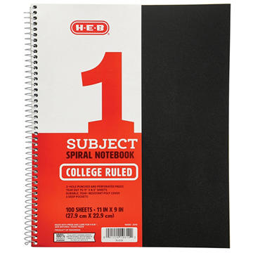 H-E-B 1 Subject College Ruled Poly Spiral Notebook - Black