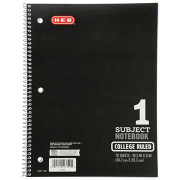 H-E-B 1 Subject College Ruled Spiral Notebook - Black
