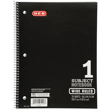 H-E-B 1 Subject Wide Ruled Spiral Notebook - Black