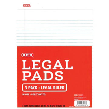H-E-B Legal Ruled Notepads - White, 3 pk
