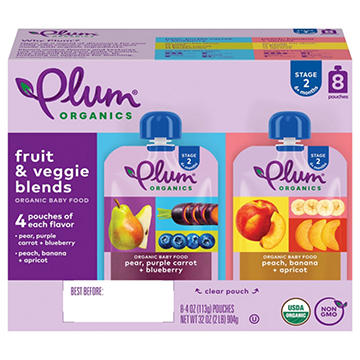 Plum Organics Fruit & Veggie Blends Pouches - Pear, Purple Carrot + Blueberry & Peach, Banana + Apricot