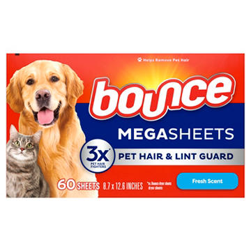 Bounce Pet Hair & Lint Guard Mega Dryer Sheets with 3X Pet Hair Fighters, Fresh Scent