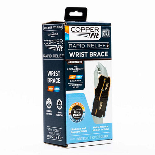 thumbnail interactive-video image 1 of Copper Compression Copper Infused Wrist Brace - Small/Medium, Right Hand (Black) 1 of 3