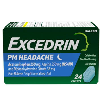 Excedrin PM for Headache Relief, Acetaminophen 250mg, Aspirin 250mg, Diphenhydramine Citrate 38mg, Pain Reliever, Nighttime Sleep-Aid