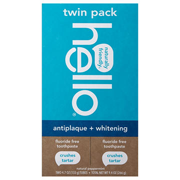 hello Antiplaque + Whitening Natural Peppermint Fluoride Free Toothpaste, 2 Pk