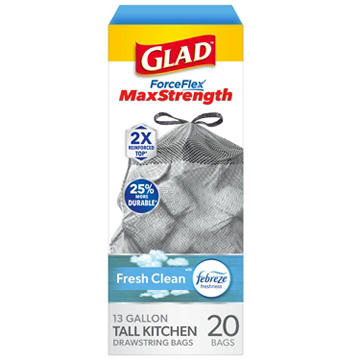 Glad ForceFlex MaxStrength Tall Kitchen Drawstring Trash Bags, 13 Gallon - Fresh Clean Scent with Febreze Freshness