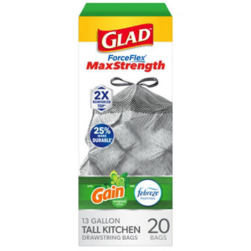 Glad ForceFlex MaxStrength Drawstring Trash Bags, 13 Gallon - Febreze Gain