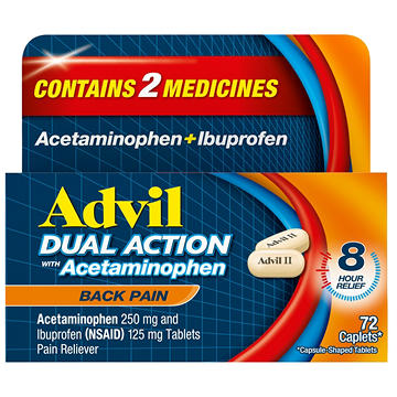 Advil Dual Action Back Pain Caplets delivers 250mg Ibuprofen and 500mg Acetaminophen Per Dose for 8 Hours of Back Pain Relief