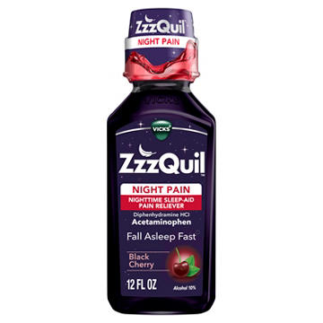 Vicks ZzzQuil Liquid Max Strength Pain Reliever, Nighttime Sleep Aid, Black Cherry Flavor