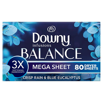 Downy Infusions BALANCE Mega Dryer Sheets Laundry Fabric Softener - Crisp Rain and Blue Eucalyptus