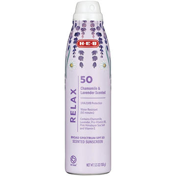 H-E-B Relax Chamomile & Lavender Scented Oxybenzone Free Sunscreen Spray – SPF 50