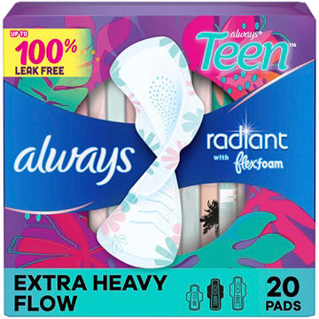 Always Radiant Teen Pads, Size 3, Extra Heavy, with Wings, Unscented, 20 CT