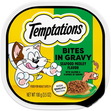 Temptations Wet Cat Food Seafood Medley Flavor Bites in Gravy Tray