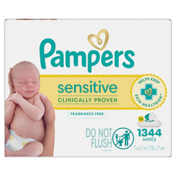 Pampers Sensitive Baby Wipes - Fragrance Free, Water Based, 16 pk