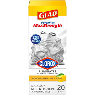 Glad ForceFlex MaxStrength Clorox Trash Bags, 13 Gallon - Lemon Fresh Bleach