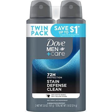 Dove Men+Care 72 Hr Antiperspirant Dry Spray - Stain Defense Clean, 7.6 oz