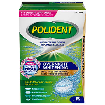 Polident Overnight Whitening Antibacterial Dental Appliance Cleanser Tablets