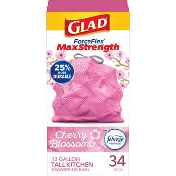 Glad ForceFlex Drawstring Trash Bags, 13 Gallon - Cherry Blossom