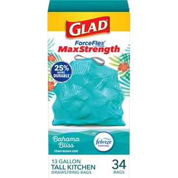 Glad ForceFlex MaxStrength Drawstring Trash Bags, 13 Gallon - Febreze Bahama Bliss