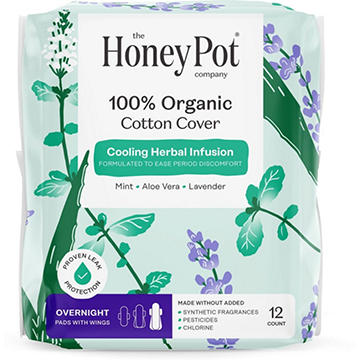 The Honey Pot 100% Organic Cotton Cooling Herbal Overnight Pads with Wings