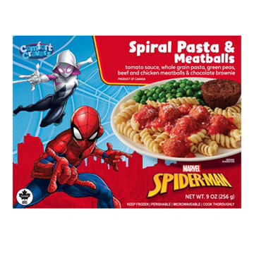 Comfort Cravers Spider-Man Spiral Pasta & Meatballs with Green Peas & Chocolate Brownie